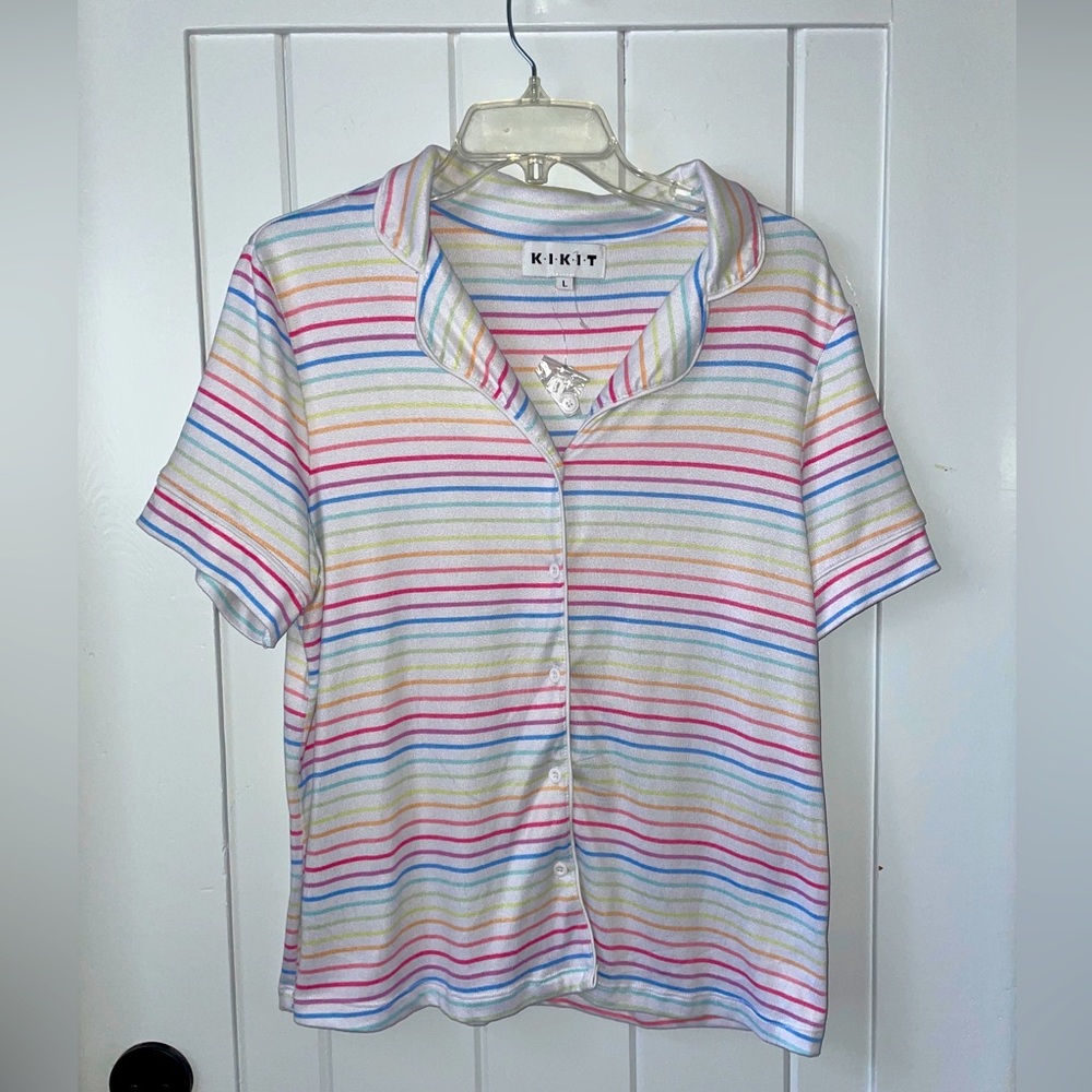 Kikit Button Front Pajama Top Shirt Soft Rainbow Stripes Women’s L